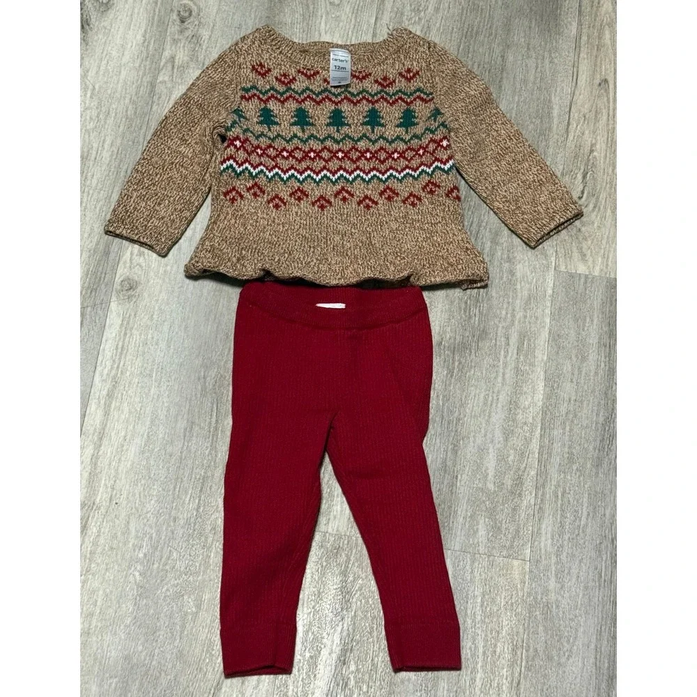 Carter's Crewneck‎ Christmas Print Sweater Baby Girls 12m Brown and leggings